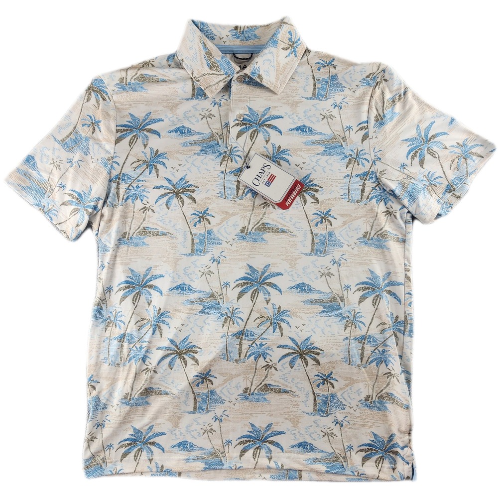 Chaps Mens Performance Polo Medium Tropical Palm Tree Print Moisture-Wicking